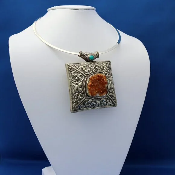 Vintage Nepalese Citrine Druzy and Turquoise Pendant Necklace
